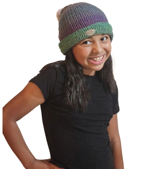 Hand Crafted Crochet beanie Handmade winter hat upcycled pom pom Ombrè purple - Picture 4 of 17